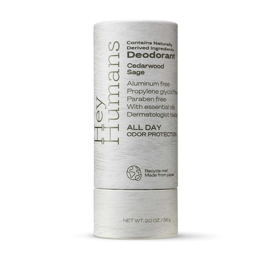 Hey Humans cedarwood sage deodorant bottle with a warm, gender-neutral scent for daily freshness.