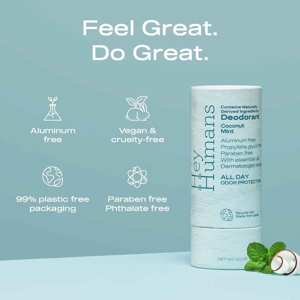 Hey Humans coconut mint stick showing eco-friendly paper packaging.