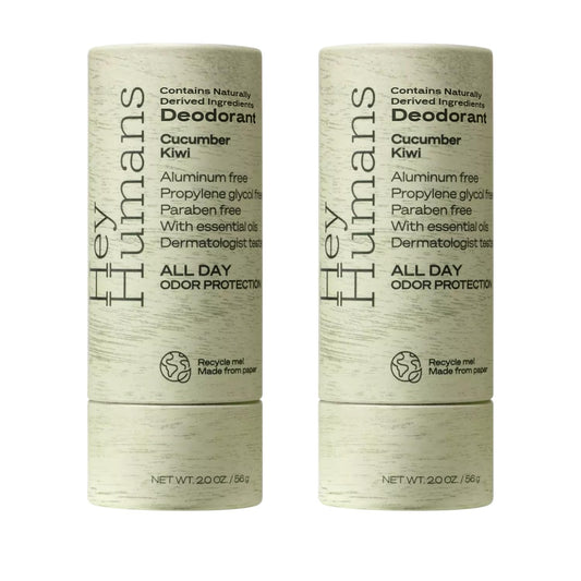 Hey Humans deodorant cucumber-kiwi label shows fresh scent for daily use.