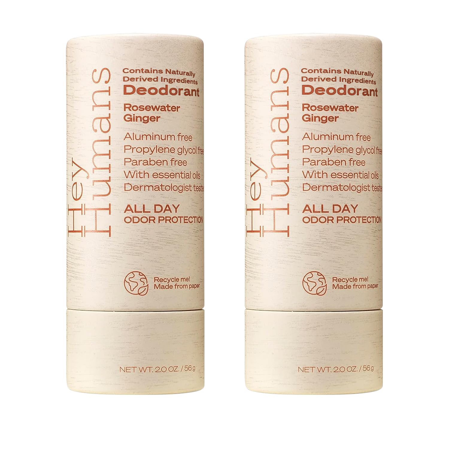 Hey Humans deodorant bottle with rosewater-ginger scent for all-day freshness and gentle protection.
