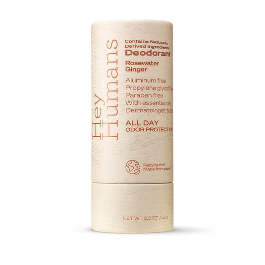 Hey Humans deodorant packaging highlights recyclable paper packaging.
