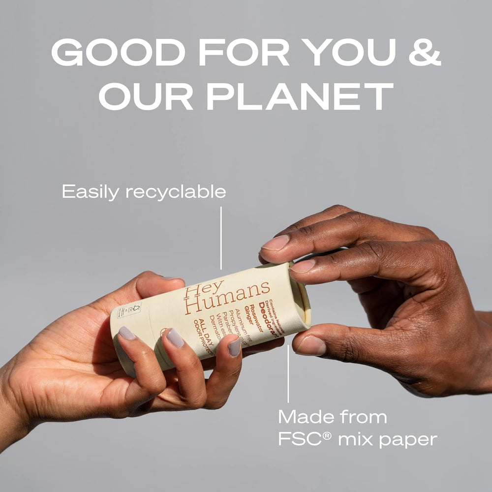 Hey Humans deodorant sustainability visuals highlight vegan, cruelty-free packaging.