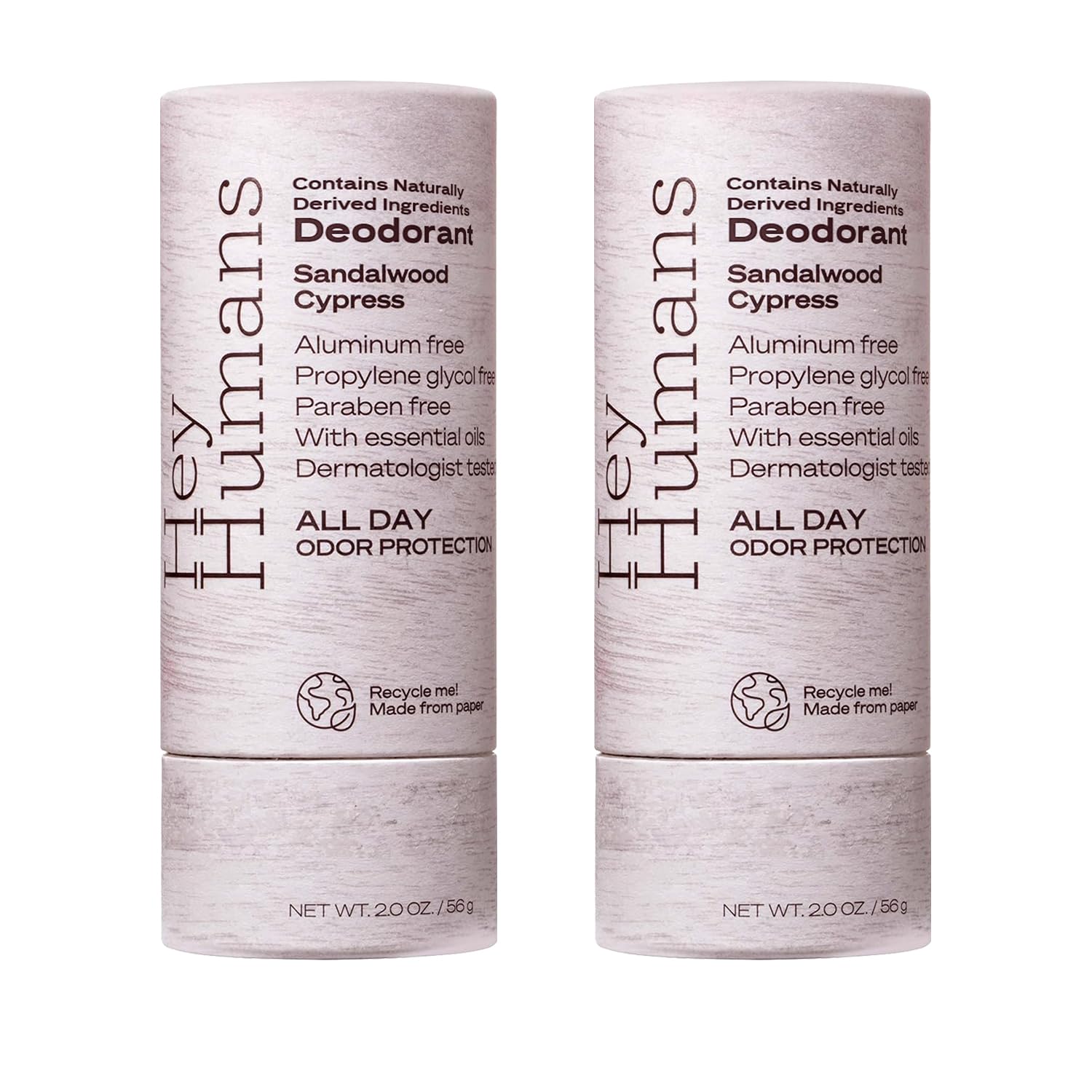 Hey Humans deodorant sandalwood cypress bottle demonstrates all-day odor control and sustainable packaging