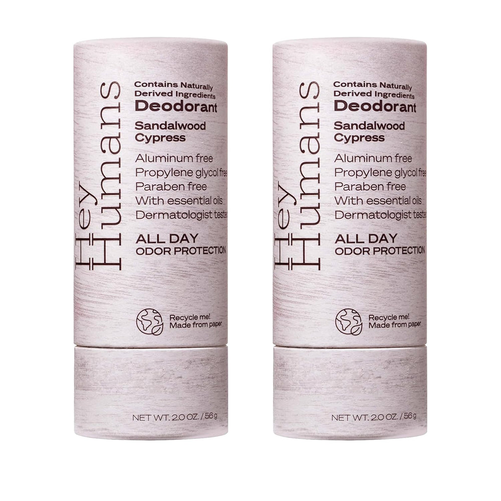 Hey Humans deodorant sandalwood cypress bottle demonstrates all-day odor control and sustainable packaging