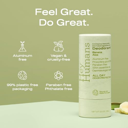 Hey Humans deodorant stick close-up, vitamin E and shea butter for skin comfort.