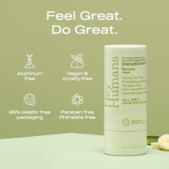 Hey Humans deodorant stick close-up, vitamin E and shea butter for skin comfort.