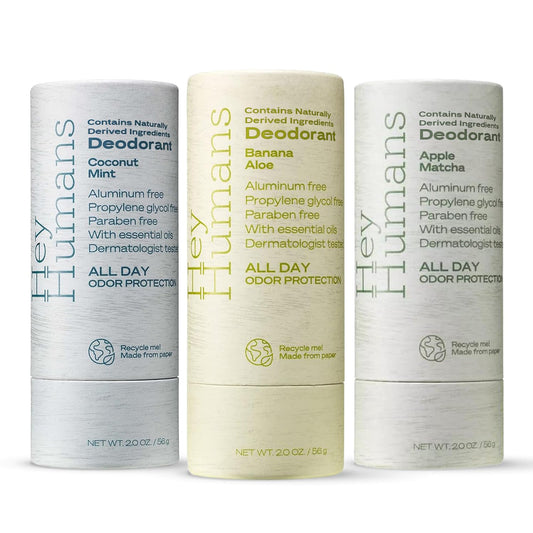 Hey Humans deodorant variety pack packaging, sustainable materials and recyclability.