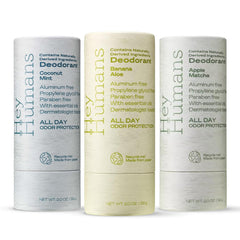 Hey Humans deodorant variety pack packaging, sustainable materials and recyclability.
