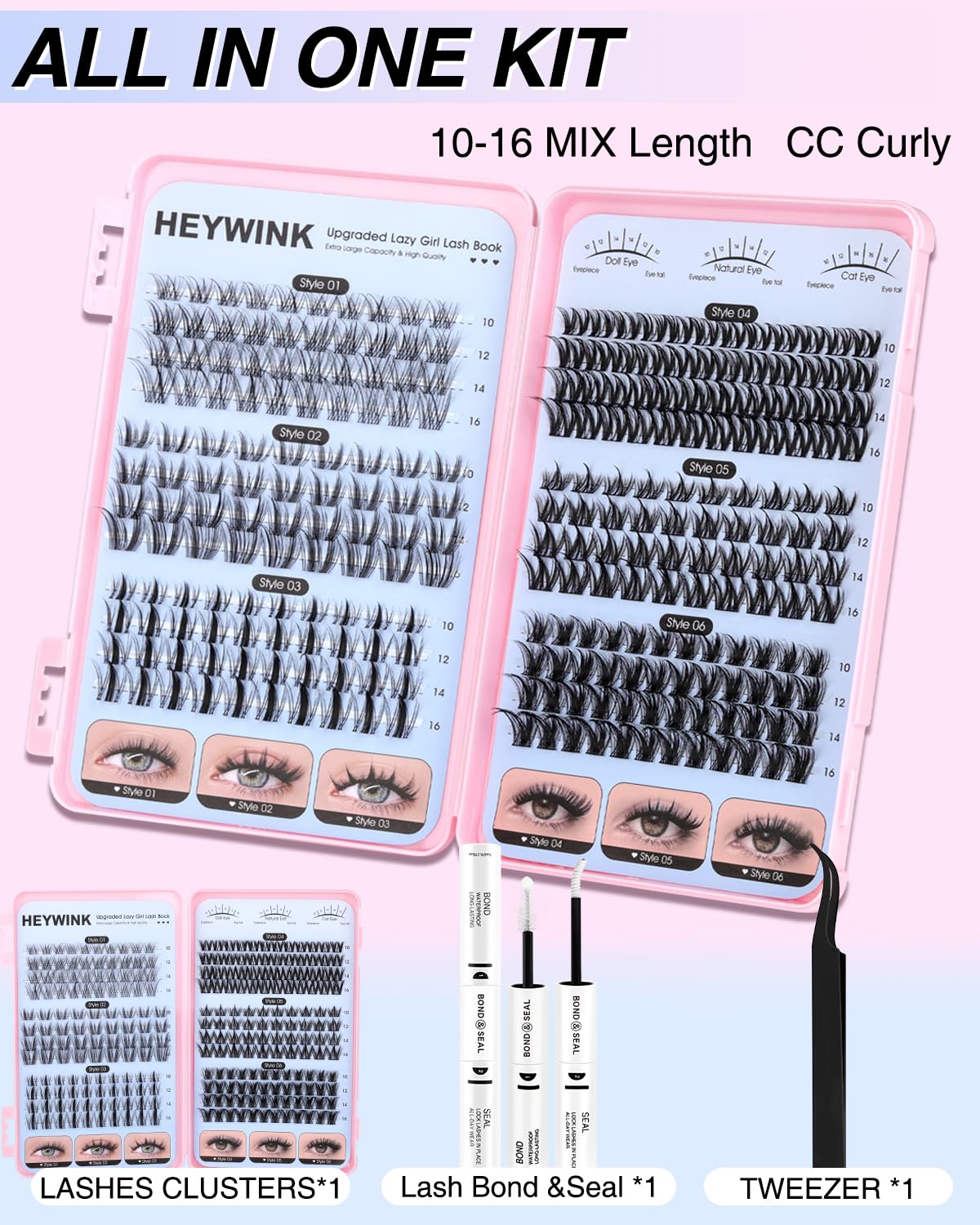 HeyWink CC curl lashes 10-16mm for a wide-eyed effect.