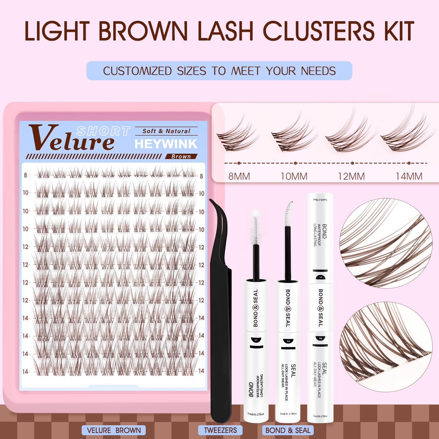 HEYWINK Velure Brown Lash Clusters with 8-14mm lengths offer versatile natural looks.