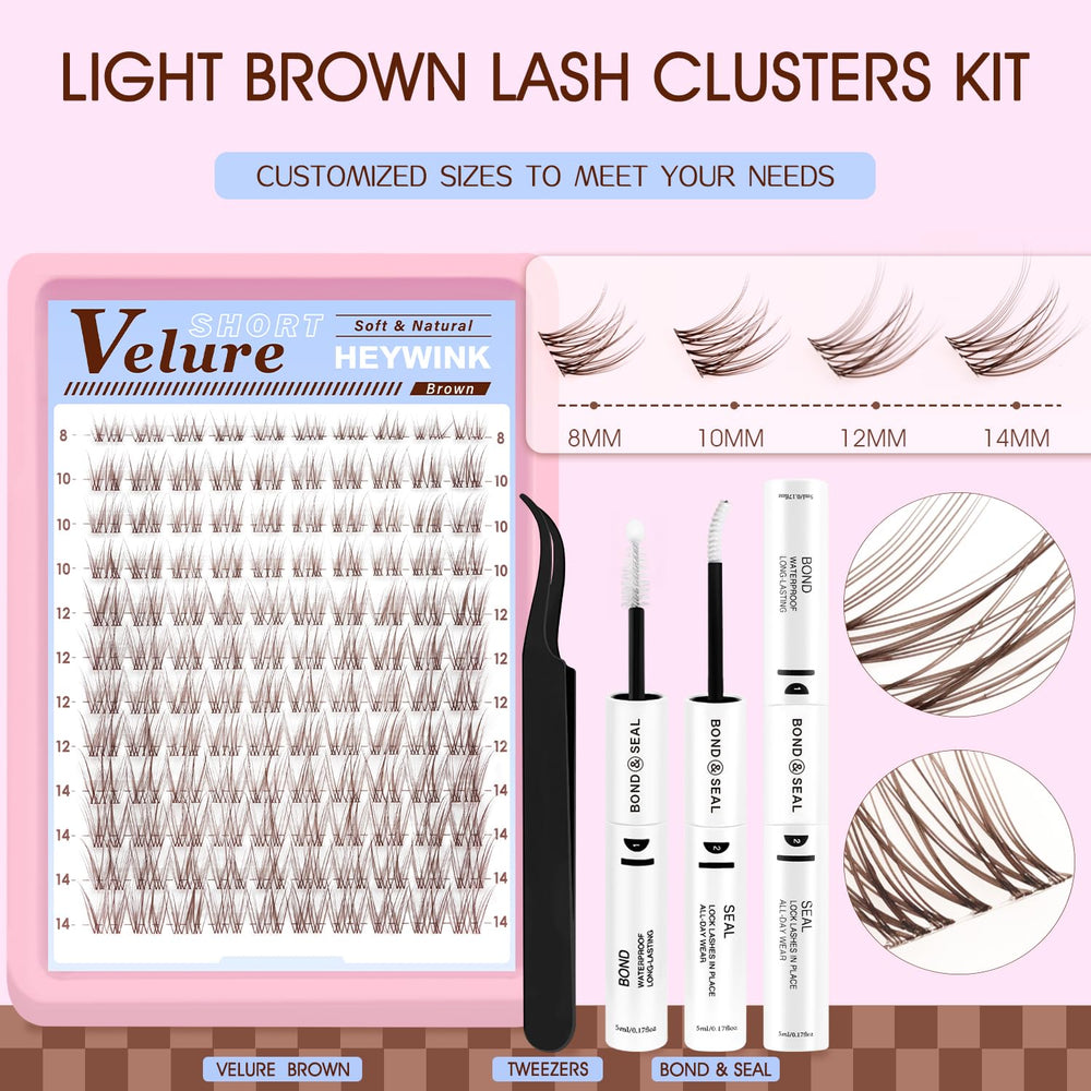 HEYWINK Velure Brown Lash Clusters with 8-14mm lengths offer versatile natural looks.