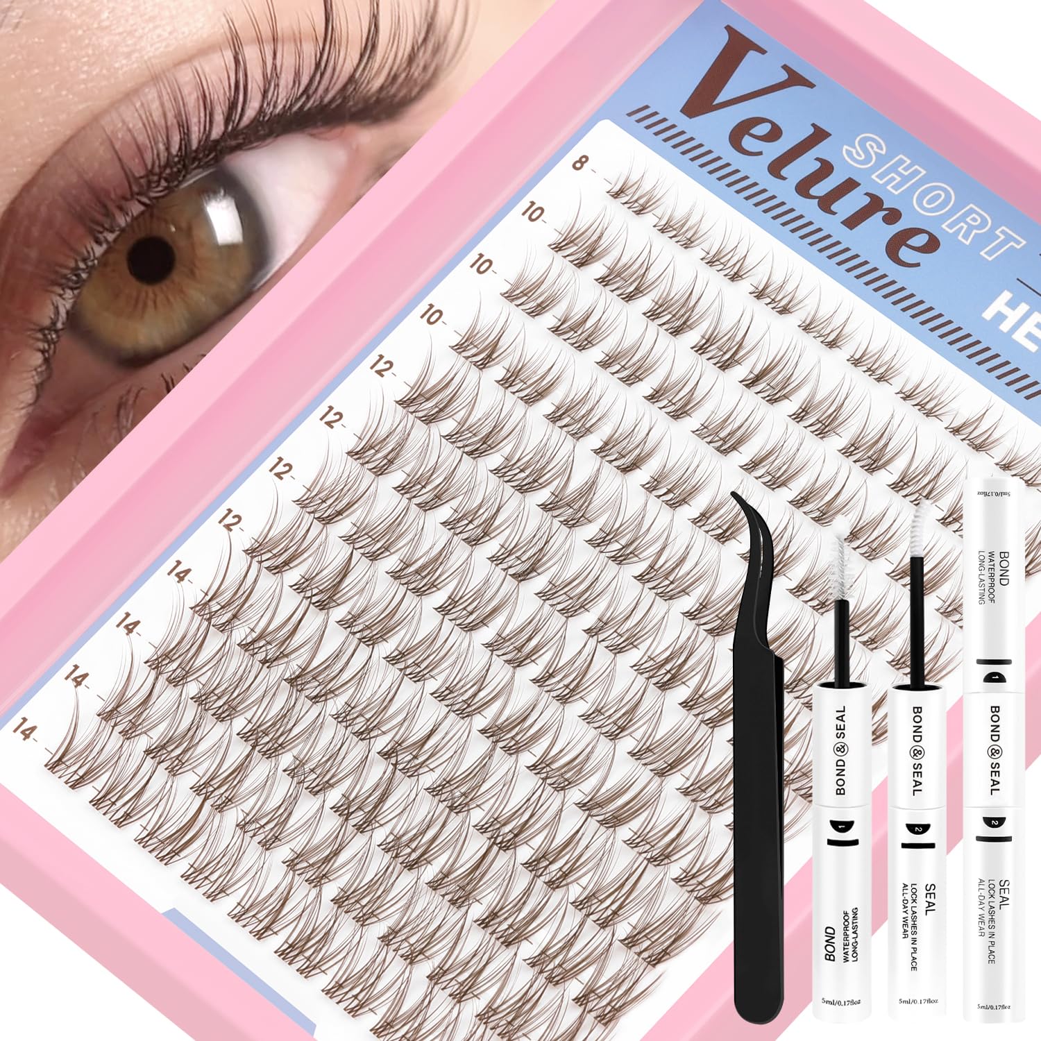 HEYWINK Velure Brown Lash Clusters Kit packaging showcases premium at-home lash care.