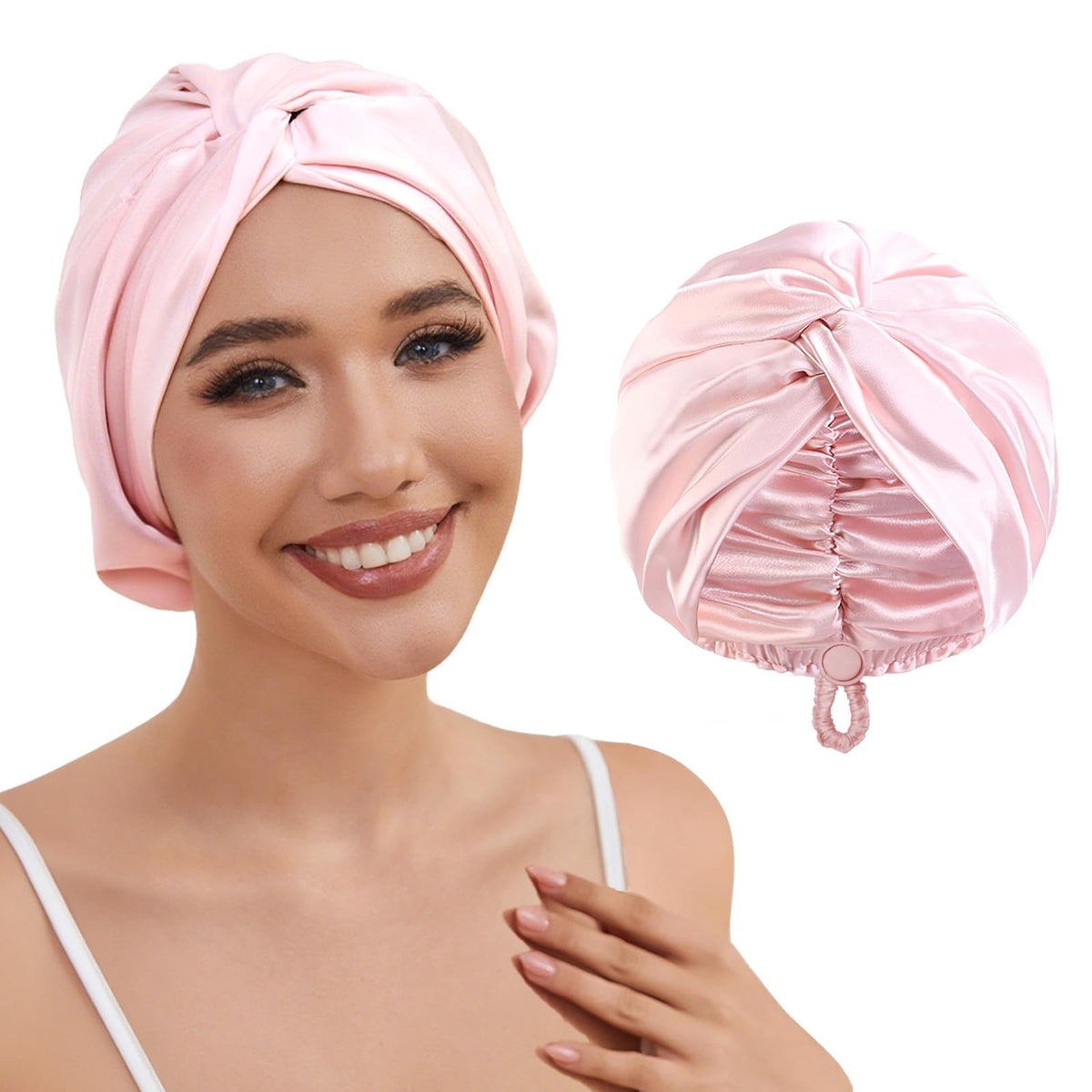 HFRHTGY silk satin hair bonnet pink with adjustable back protects hair during sleep