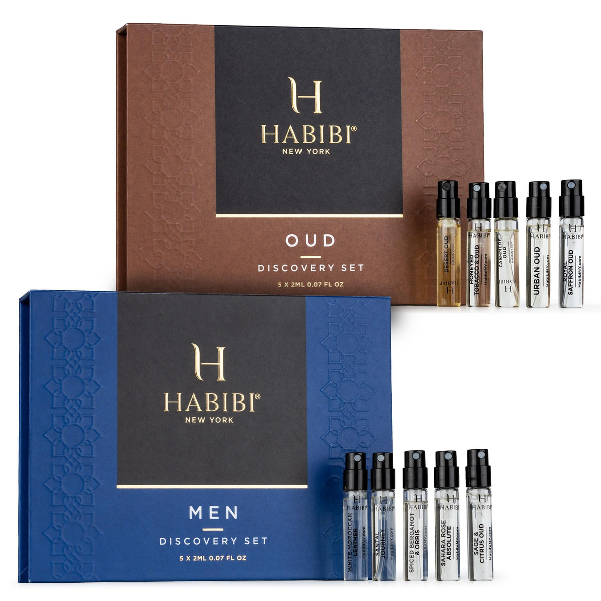 H HABIBI men's perfume and oud sample set—12 mini sprays for scent discovery.
