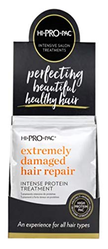 Hi-Pro-Pac Extremely Damaged Hair Intense Protein Treatment bottle close-up highlighting repair and conditioning benefits.