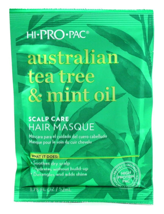 Hi-Pro-Pac Tea Tree & Mint packaging highlights color-safe formula for treated hair.