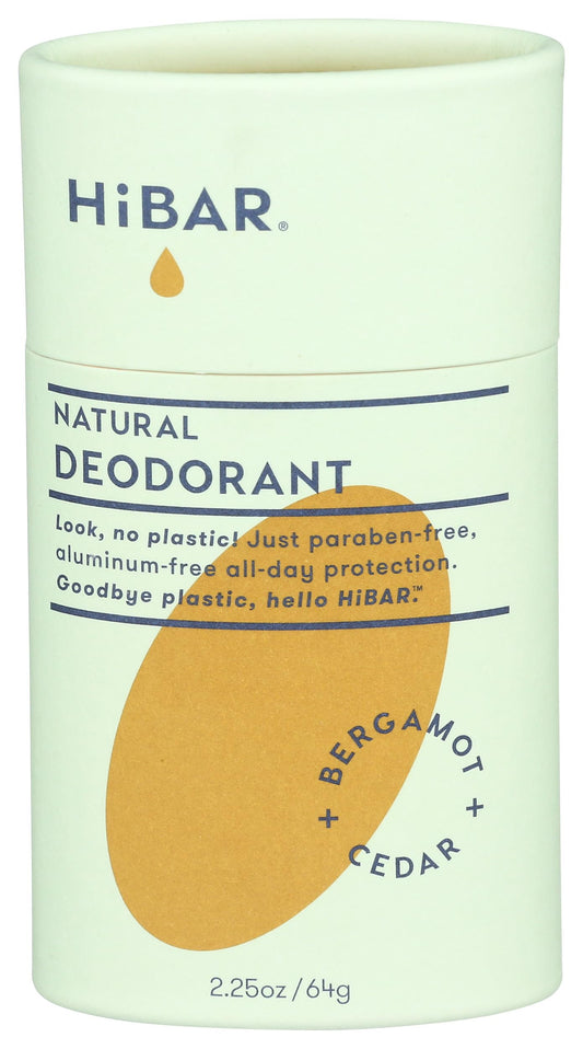 HiBAR Bergamot Cedar deodorant tube with plastic-free packaging for eco-conscious shoppers.