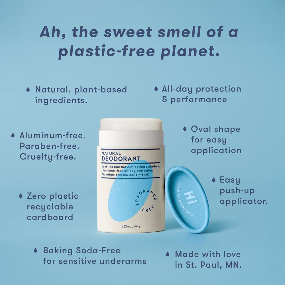 HIBAR Unscented Deodorant Formula offers gentle protection for sensitive skin.