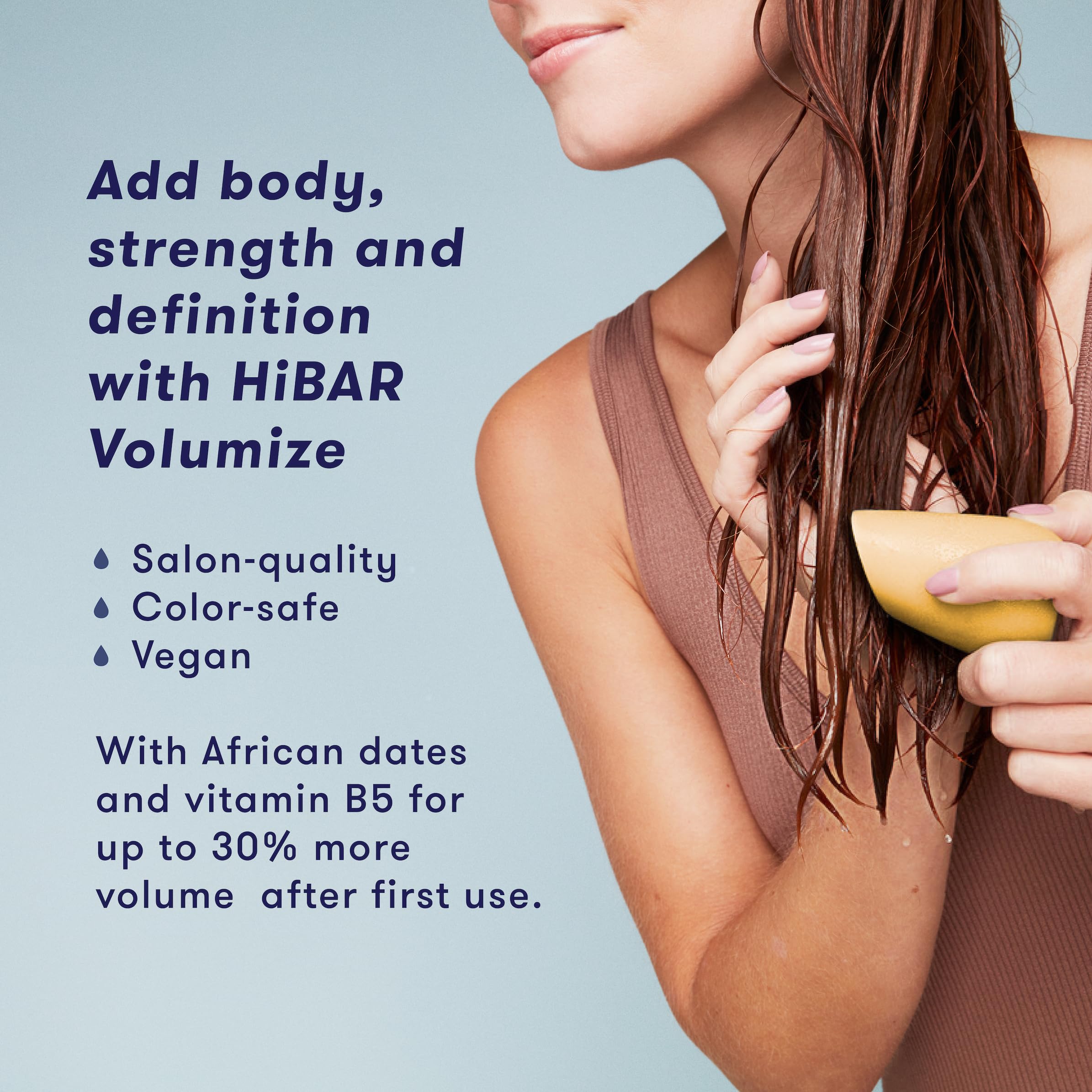 HIBAR Volumize on wet hair shows lift and definition.