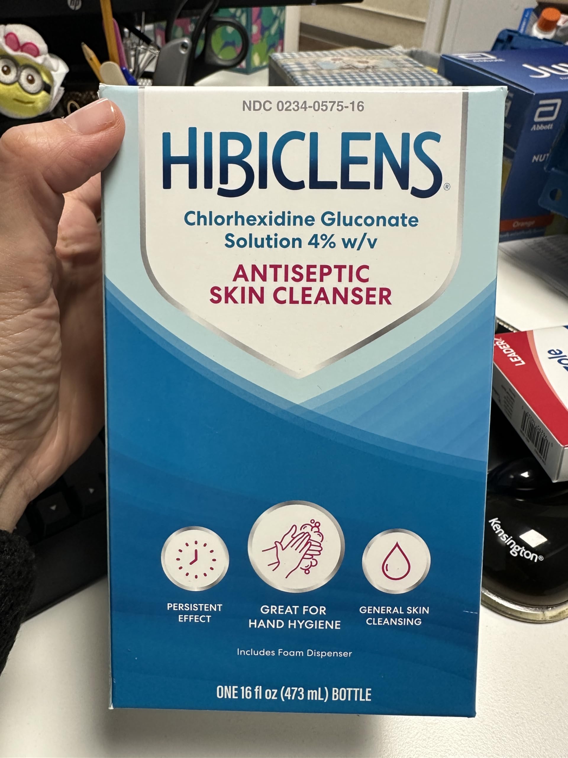 Hibiclens label closeup highlighting the antimicrobial formula for skin care.