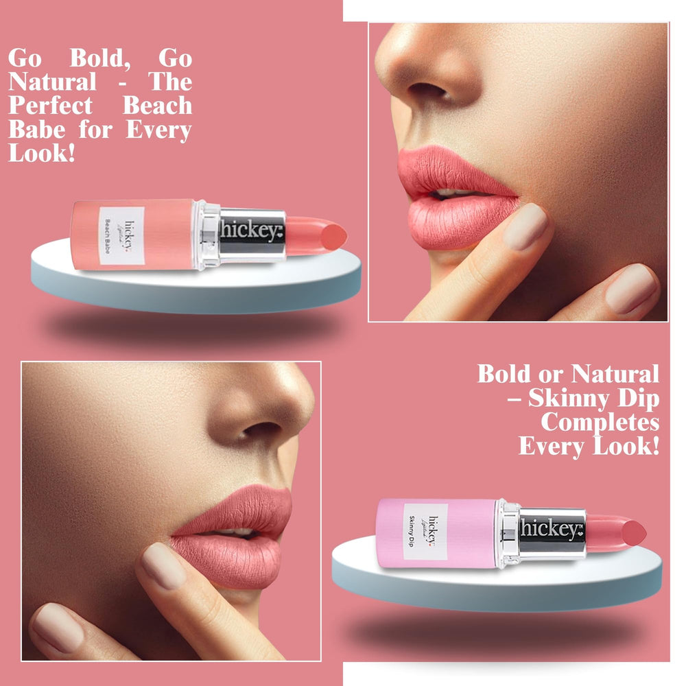 Hickey Lipstick Beach Babe swatches on lips show versatile pink