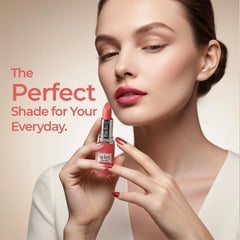 Hickey Lipstick Refill Beach Babe Coral velvet finish on lips.