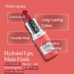 Hickey Mile High red velvet finish on lips for bold yet refined look.