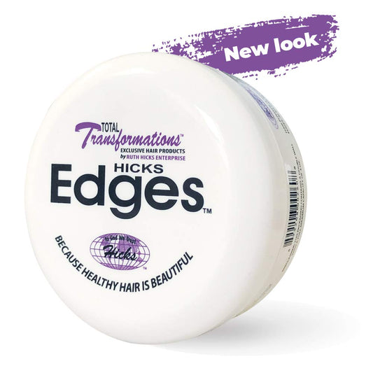 Hicks Total Transformations Edges Pomade jar closeup showing smooth edge control