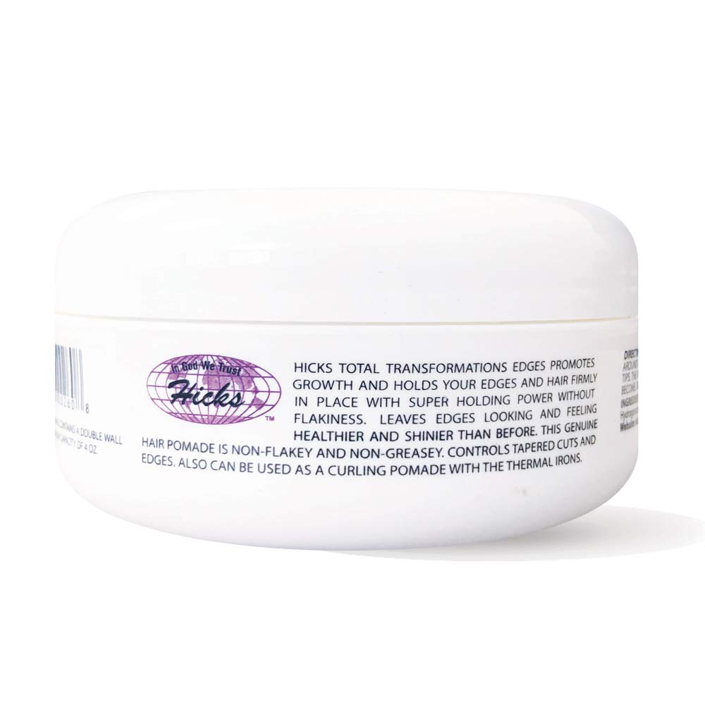 Hicks Total Transformations Edges Pomade label detail for premium packaging