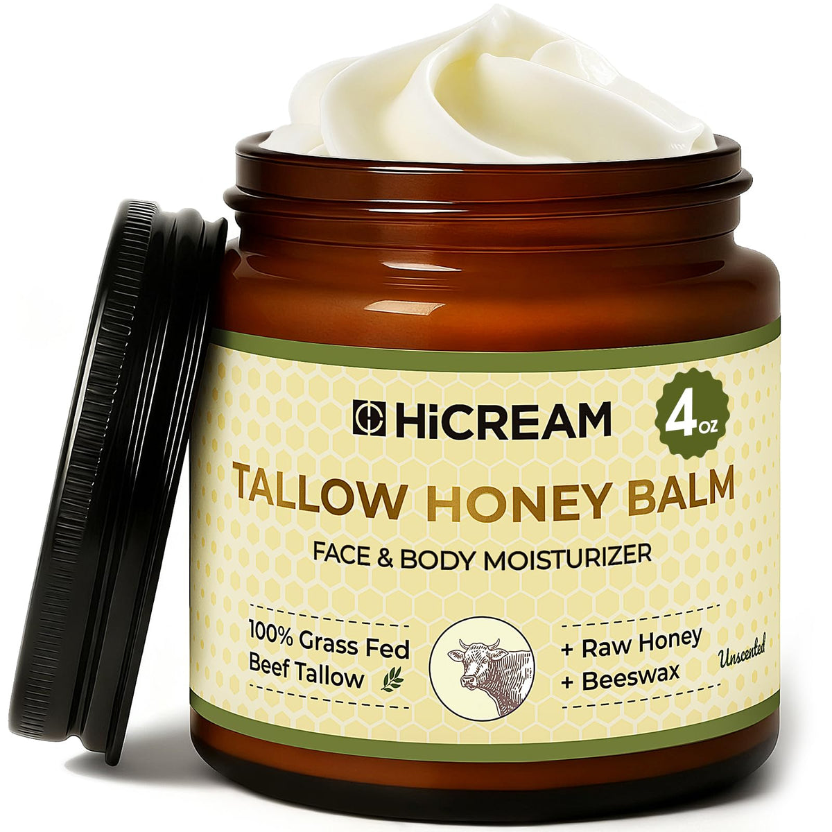 Hicream beef tallow balm front bottle view for natural hydration.