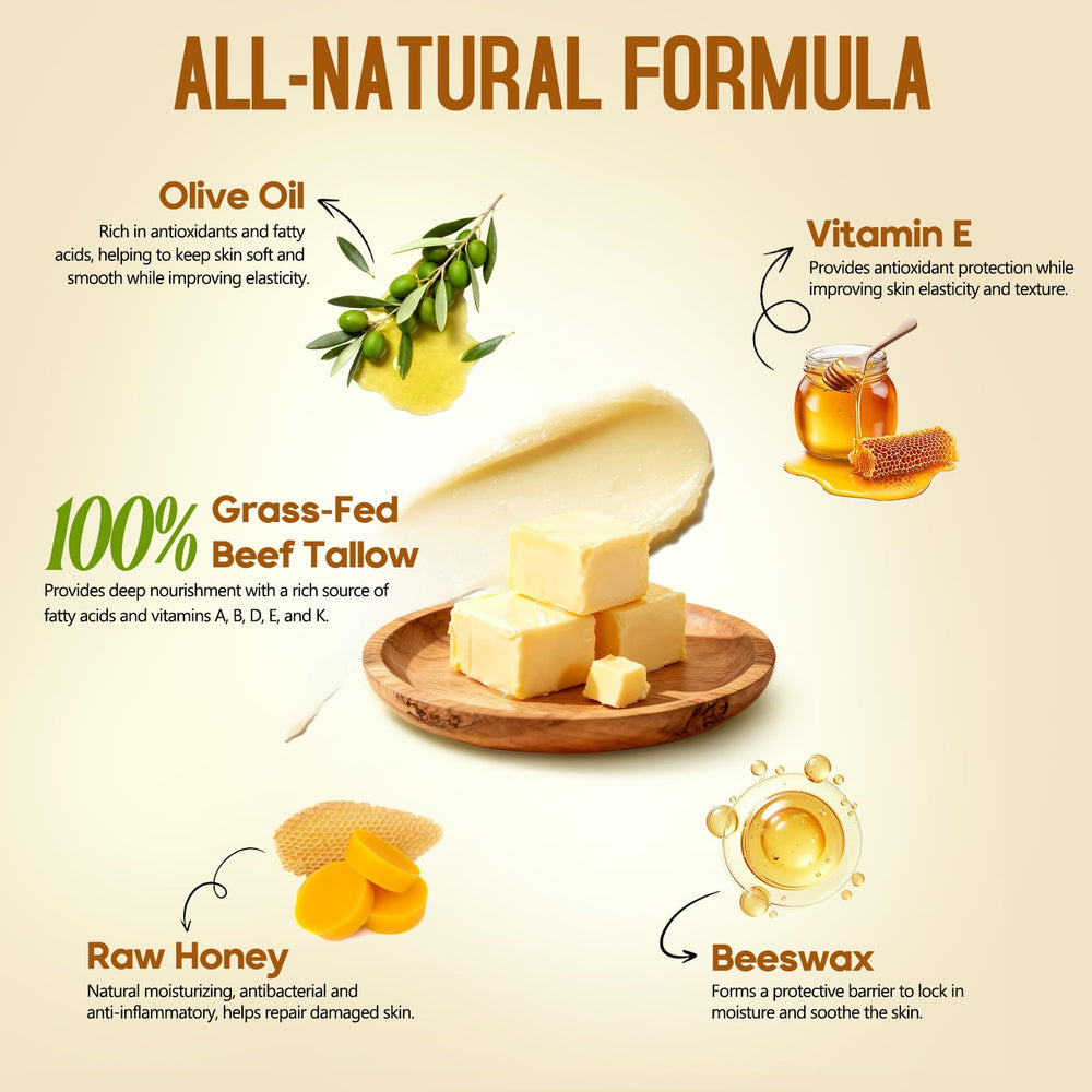 Hicream beef tallow balm honey swirl highlights nourishing blend.
