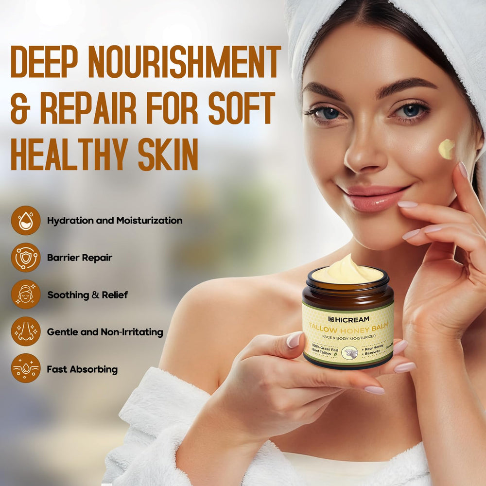Hicream balm texture close-up shows rich non-greasy absorption.