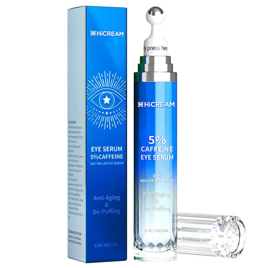 Hicream eye cream bottle with 5% caffeine for brightening under-eye area.