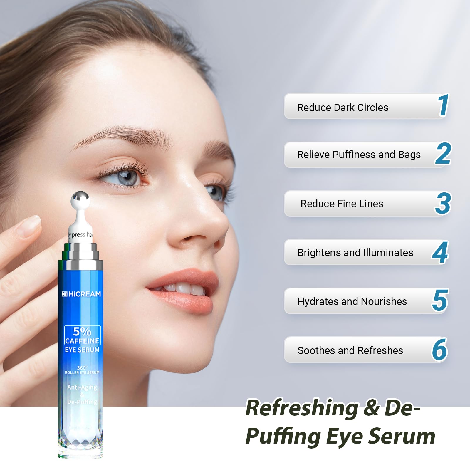 Hicream eye serum with 360° roller close-up, easing puffiness.