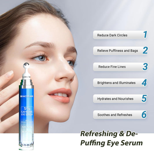 Hicream eye serum with 360° roller close-up, easing puffiness.