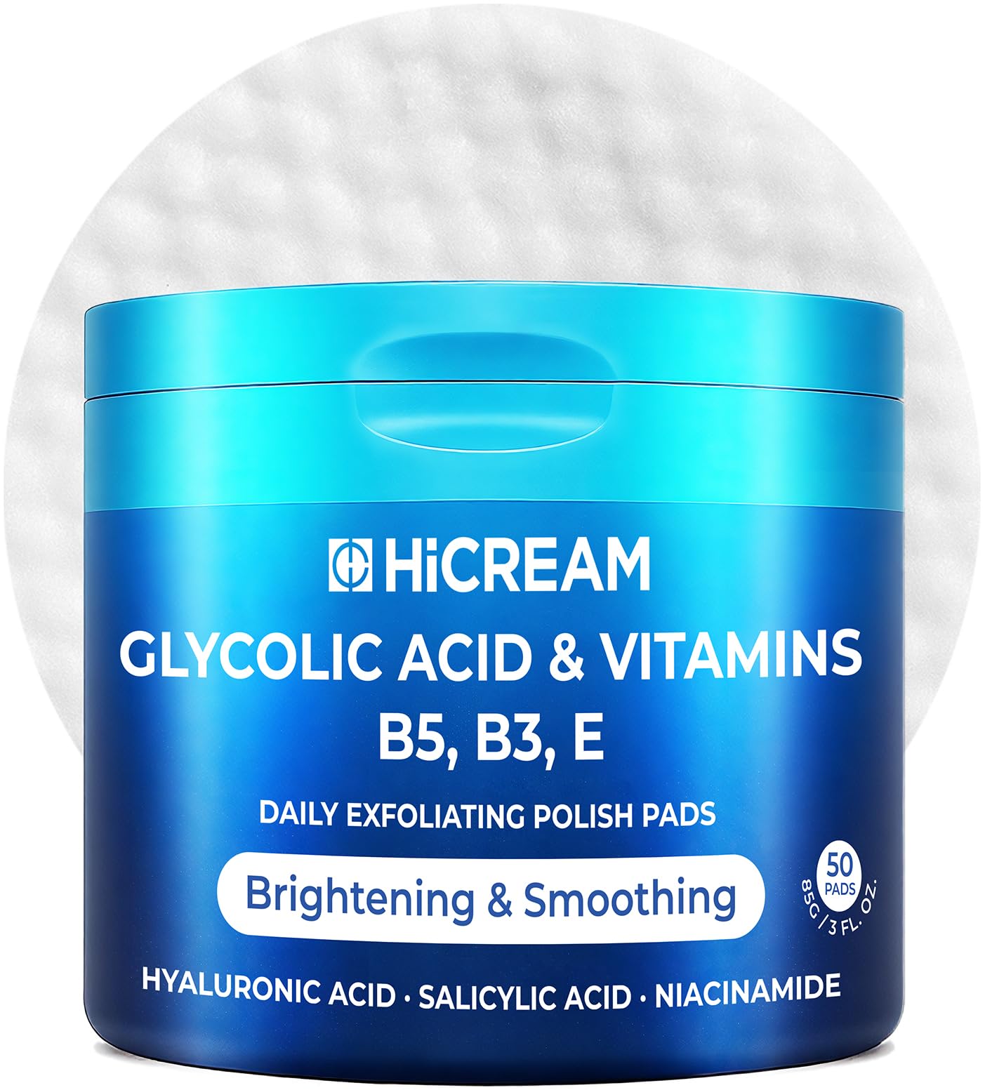 Hicream Glycolic Acid Exfoliating Pads bottle close-up showing cleansing action