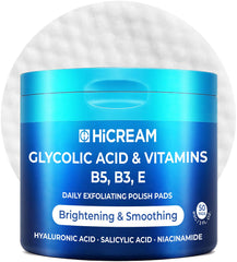 Hicream Glycolic Acid Exfoliating Pads bottle close-up showing cleansing action