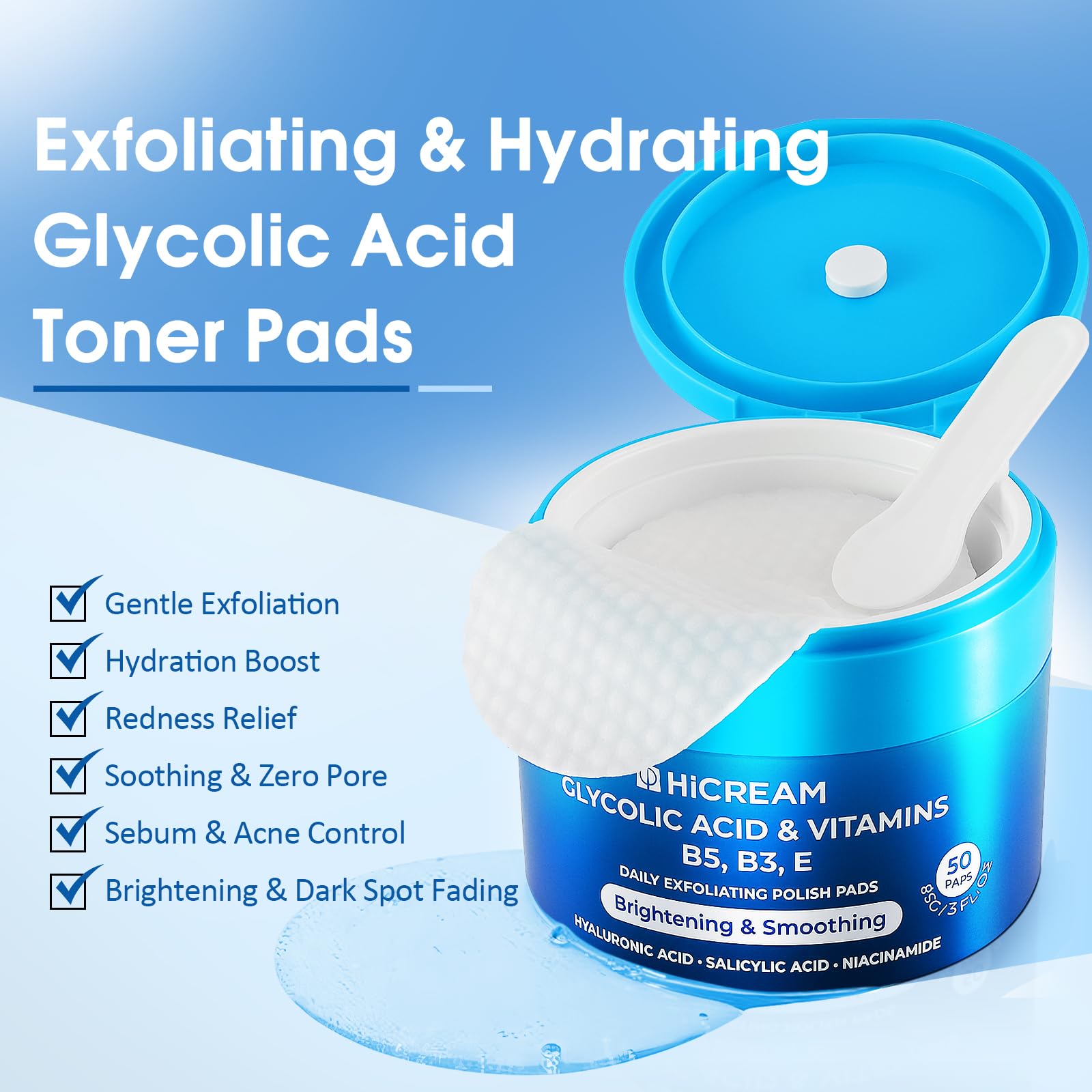 Hicream Glycolic Acid Exfoliating Pads pack on countertop