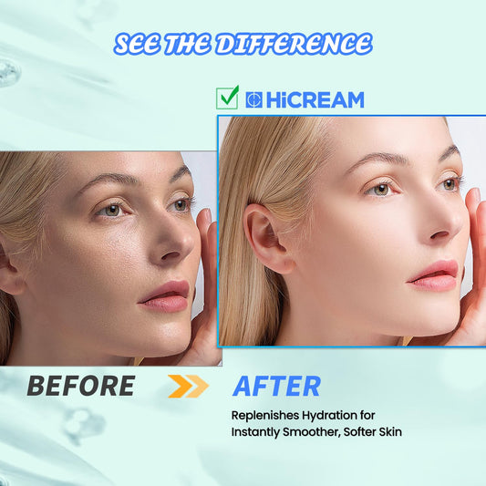 Hicream Hyaluronic Acid Serum bottle emphasizes deep hydration for soft, plump skin.