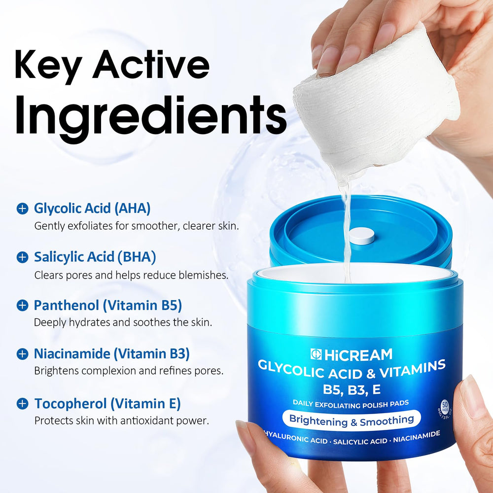 Hicream pads applied to the face for simple daily exfoliation