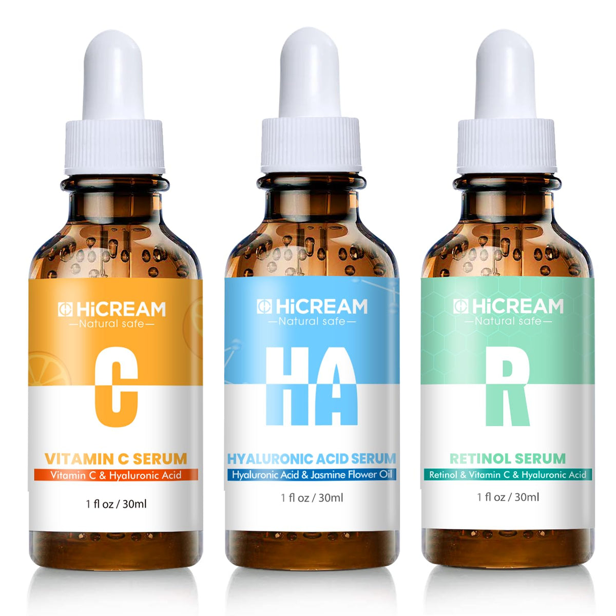 Hicream Vitamin C Serum bottle highlights brightening formula for radiant skin.