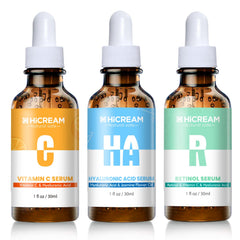 Hicream Vitamin C Serum bottle highlights brightening formula for radiant skin.