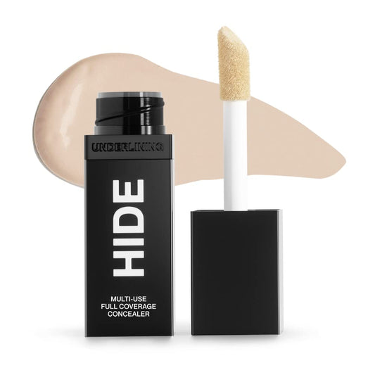 Hide Liquid Concealer Champagne bottle close-up shows natural coverage and a smooth finish.