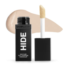 Hide Liquid Concealer Champagne bottle close-up shows natural coverage and a smooth finish.
