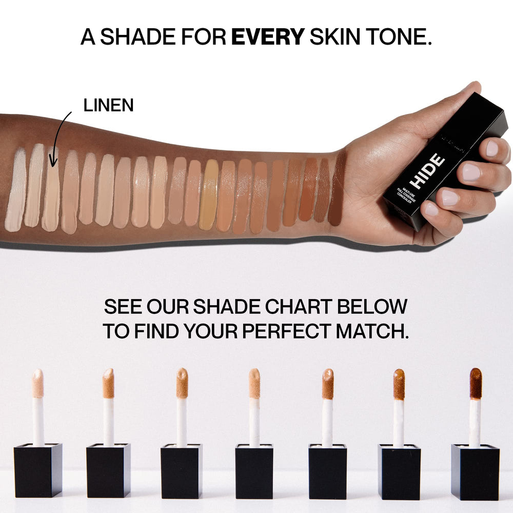 Hide Liquid Concealer Linen blemish coverage swatches show shade versatility