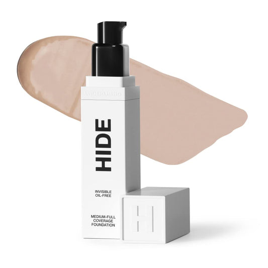 HIDE Premium Liquid Foundation porcelain bottle close-up showing shade readiness for natural look