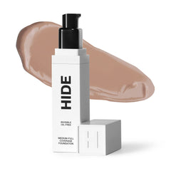 HIDE Premium Liquid Foundation walnut bottle shows precise shade for natural skin tone.