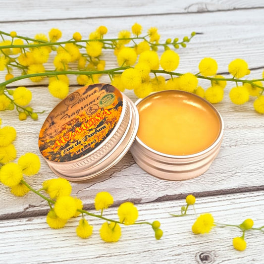 HIGH ALTITUDE ORGANICS Mimosa solid perfume jar open highlighting floral notes