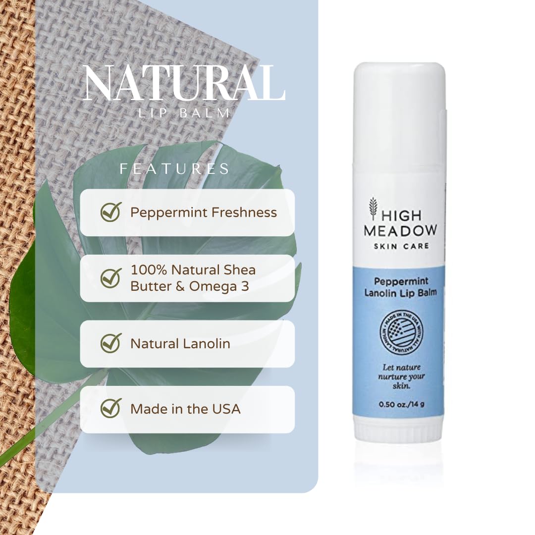 High Meadow Peppermint Lanolin Lip Balm Stick creamy texture locks in moisture.
