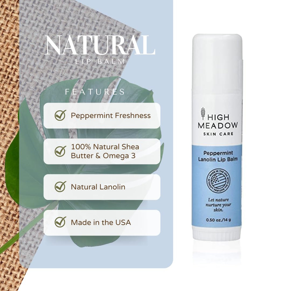 High Meadow Peppermint Lanolin Lip Balm Stick creamy texture locks in moisture.